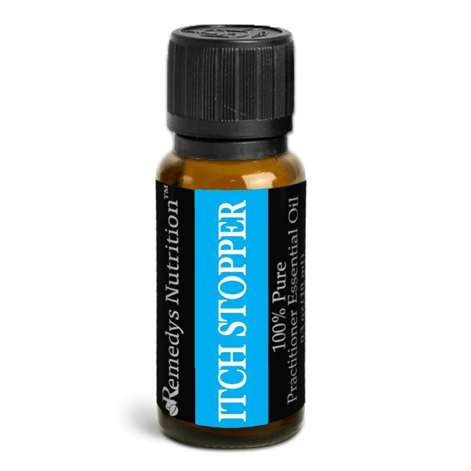 Image of Remedy's Nutrition® Itch Stopper™ Essential Oil Herbal Supplement front bottle. Made in the USA.