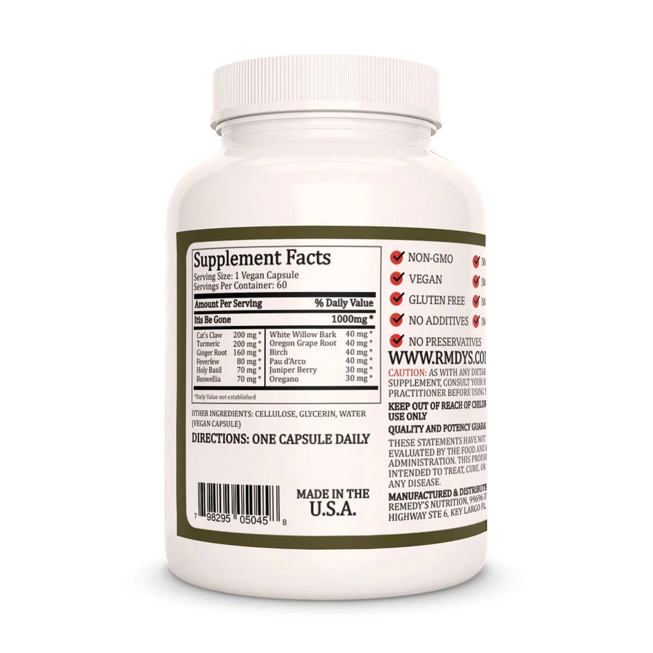 Image of Remedy's Nutrition® Itis Be Gone™ back label. Supplement Facts, Ingredients: Feverfew, Basil, Boswellia, Pau d’Arco