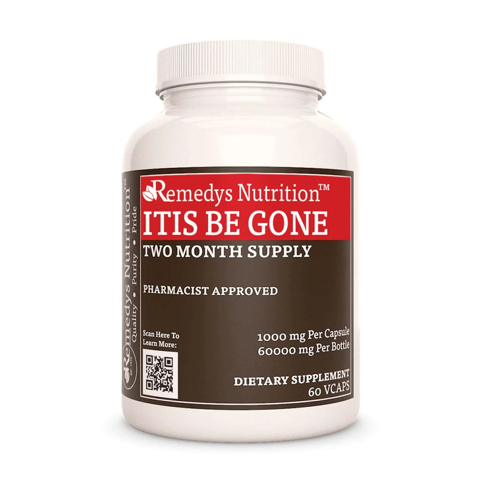 Image of Remedy's Nutrition® Itis Be Gone™ Capsules Herbal Supplement front bottle. Made in USA. Cat’s Claw, Turmeric, Ginger