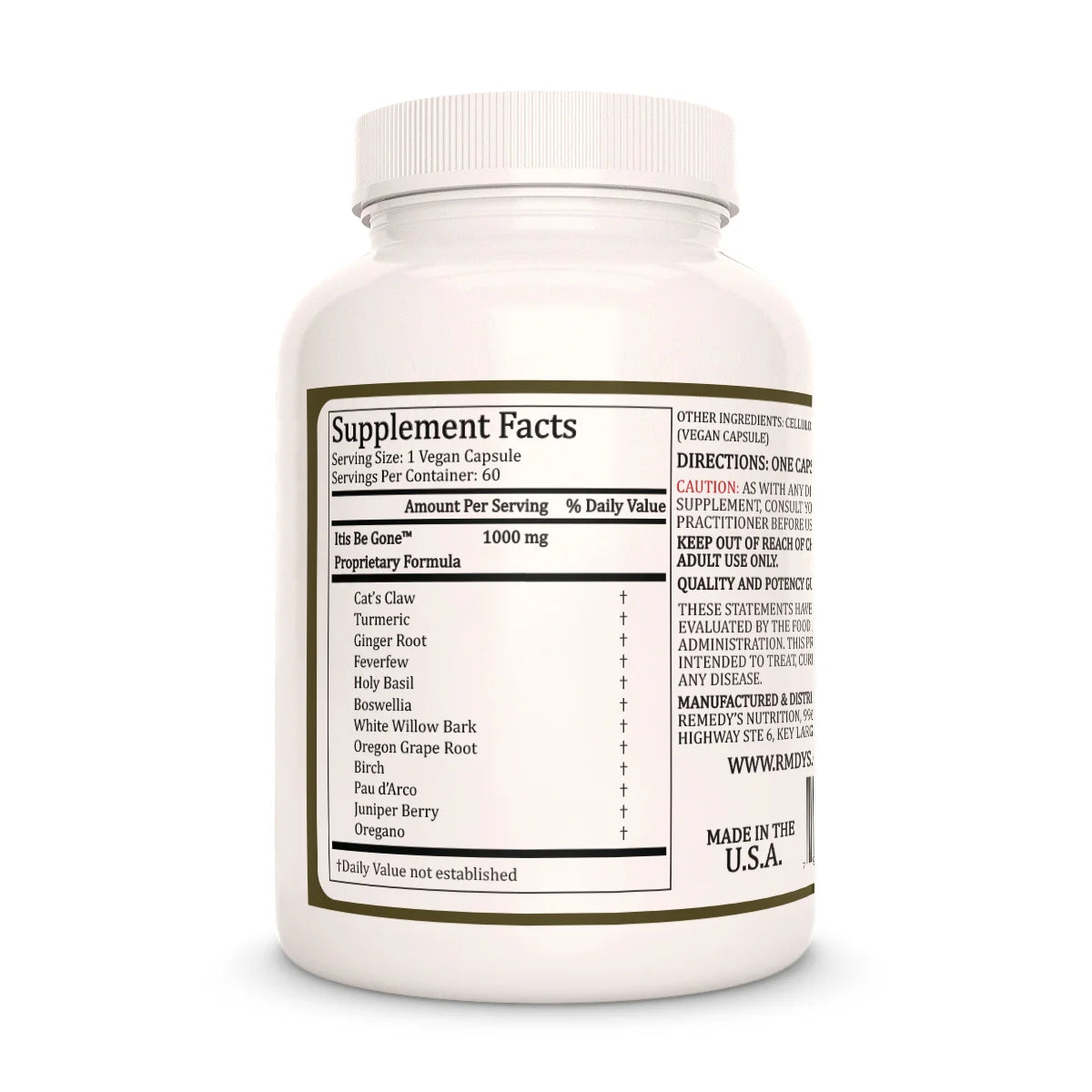 Remedy's Nutrition® Itis Be Gone™ supplement facts label and ingredients, back label view