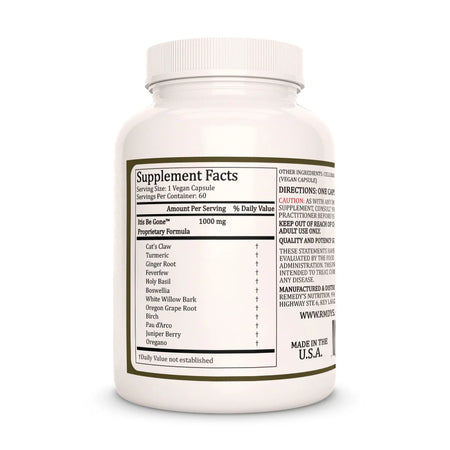 Remedy's Nutrition® Itis Be Gone™ supplement facts label and ingredients, back label view
