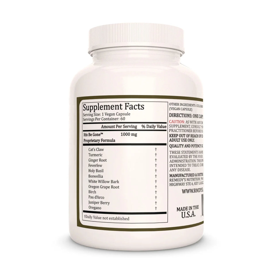 Remedy's Nutrition® Itis Be Gone™ supplement facts label and ingredients, back label view