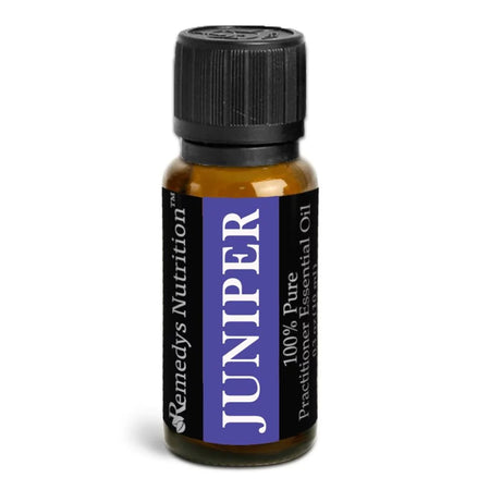 Image of Remedy's Nutrition® Juniper Essential Oil Dietary Supplement front bottle. Made in the USA.