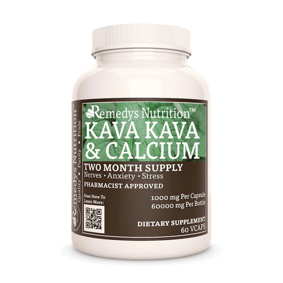 Image of Remedy's Nutrition® Kava Kava & Calcium Capsules Herbal Dietary Supplement front bottle. Made in the USA.