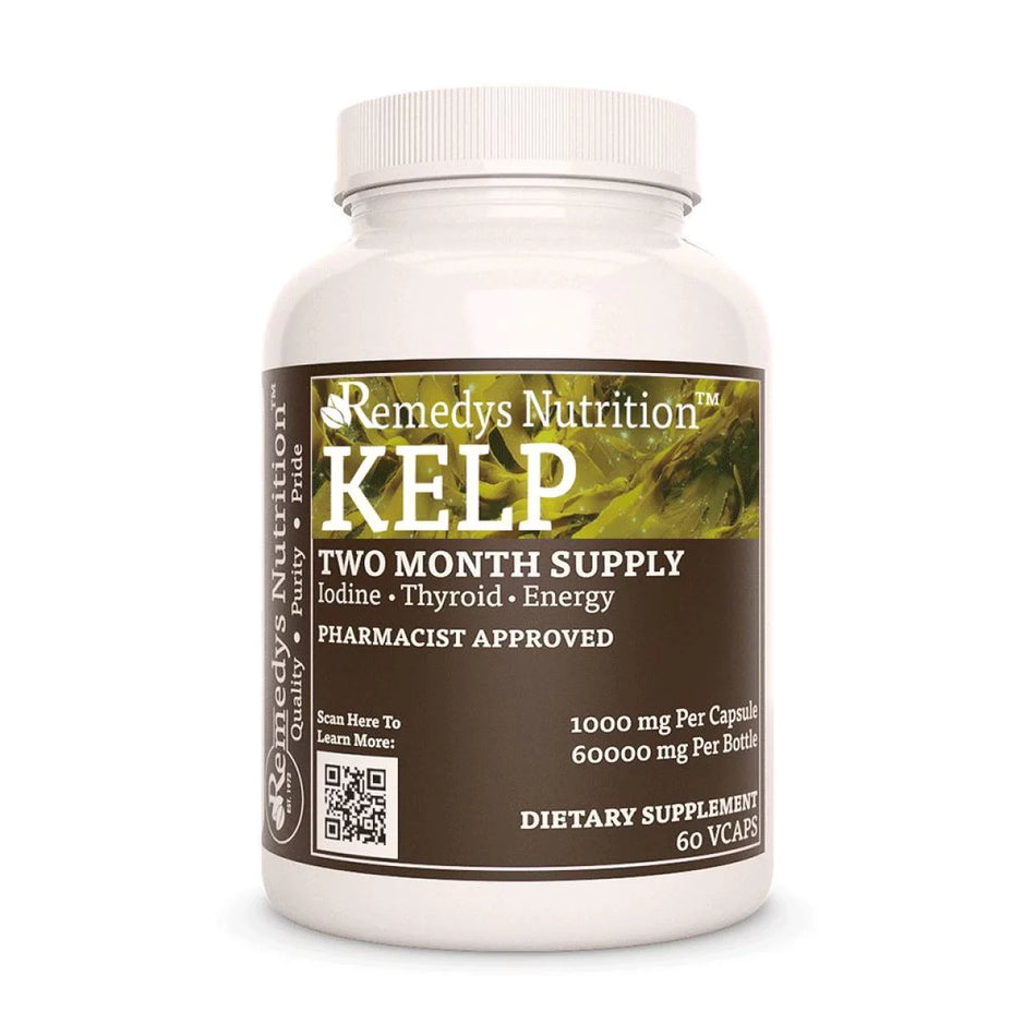 Image of Remedy's Nutrition® Kelp Capsules Dietary Supplement front bottle. Made in the USA. Laminariales.