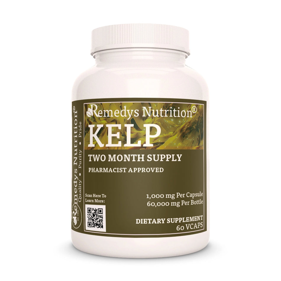 Image of Remedy's Nutrition® Kelp Capsules Dietary Supplement front bottle. Made in the USA. Laminariales.