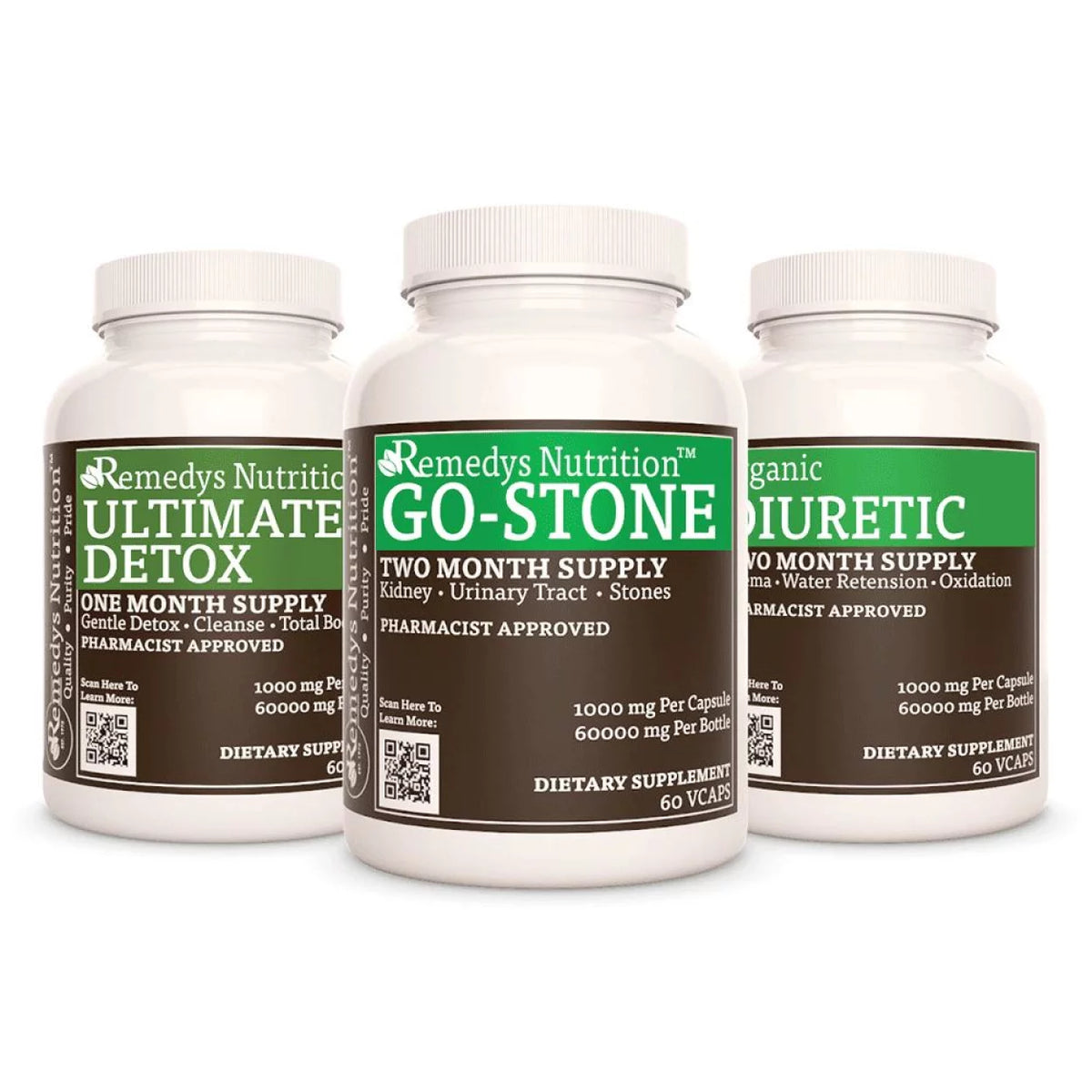 Image of Remedy's Nutrition® Kidney Stone Power Pack™ contains dietary supplements Ultimate Detox™, Go-Stone™, and Diuretic™.