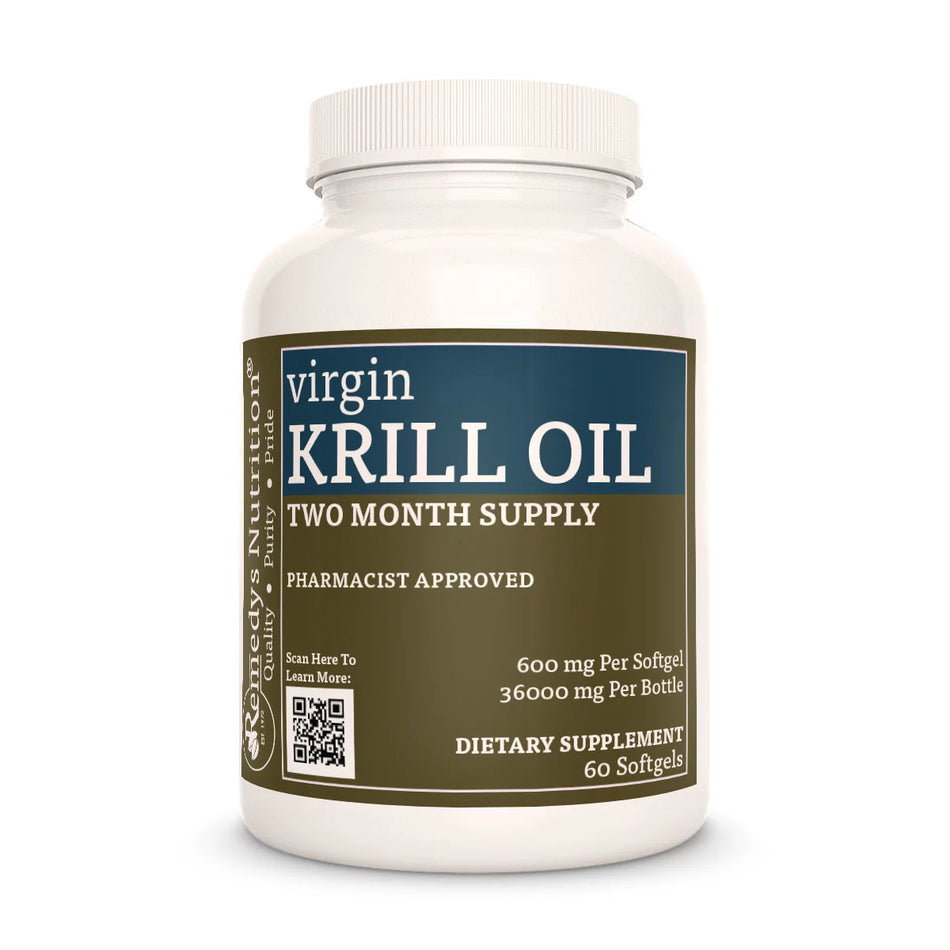 Image of Remedy's Nutrition® Virgin Krill Oil Softgels Dietary Omega Supplement front bottle. Made in the USA. EPA & DHA