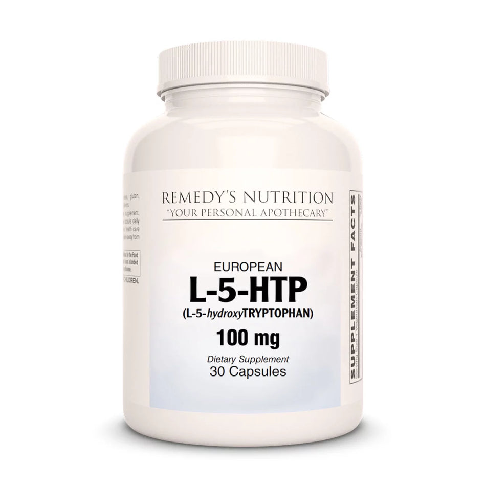 Image of Remedy's Nutrition® 5-HTP Capsules Dietary Supplement front bottle. L-5-hydroxyTryptophan.