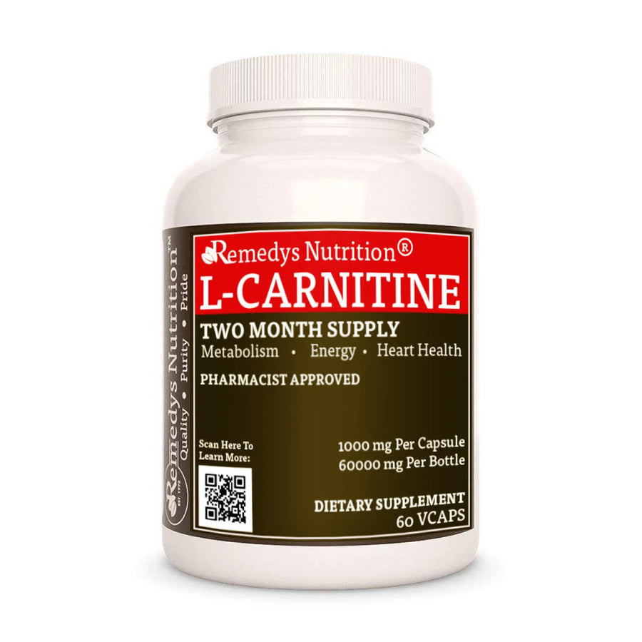 Image of Remedy's Nutrition® L-Carnitine Amino Acid Capsules Dietary Supplement front bottle. Made in the USA.