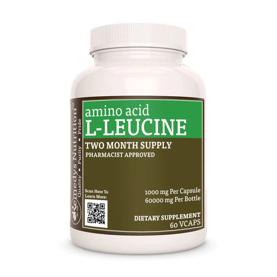 Image of Remedy's Nutrition® L-Leucine Amino Acid Capsules Dietary Supplement front bottle. Made in the USA.