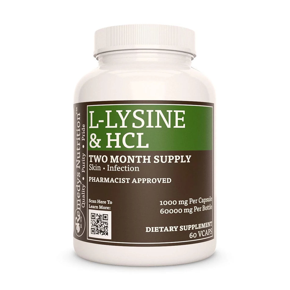Image of Remedy's Nutrition® L-Lysine & HCL (Hydrochloride)Capsules Dietary Supplement front bottle. Made in the USA.