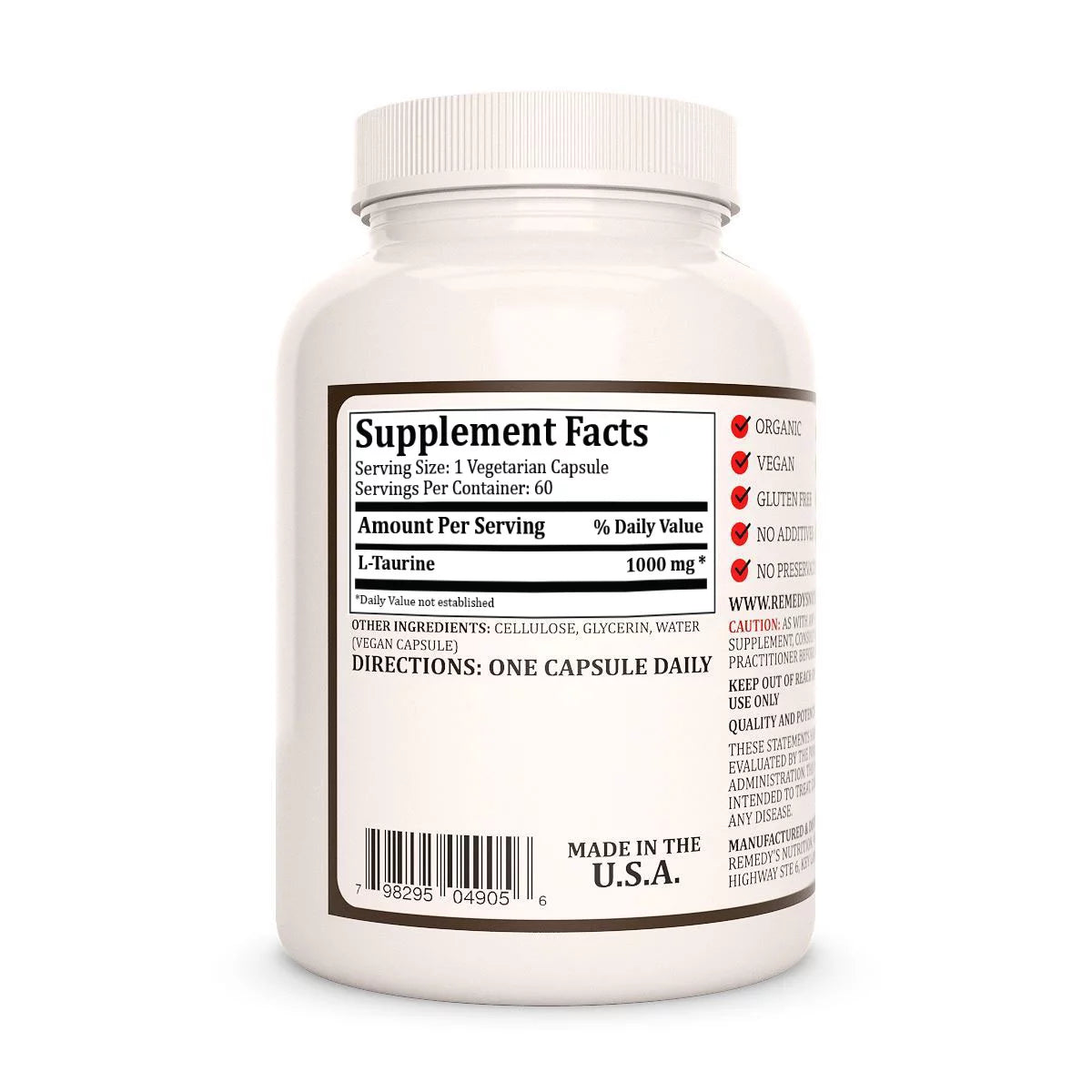 L-Taurine Amino Acid 1000 mg, 60 Vegan Capsules L-Taurine Amino Acid 1000 mg, 60 Vegan Capsules