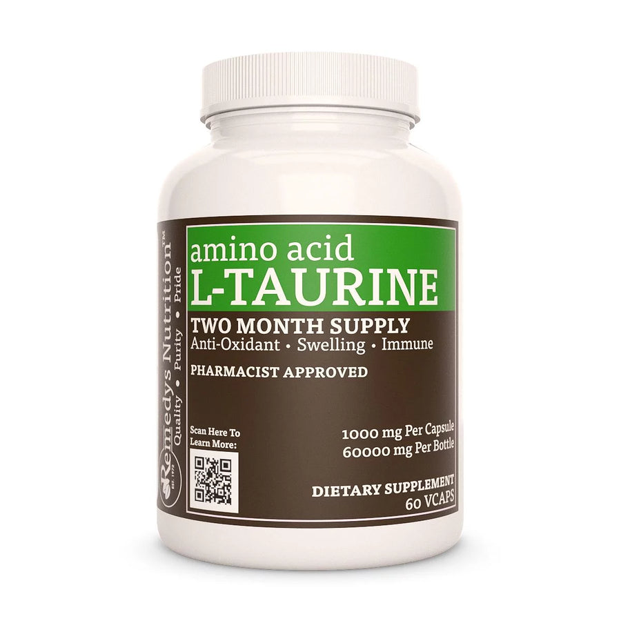 Image of Remedy's Nutrition® L-Taurine Amino Acid Capsules Dietary Supplement front bottle. Made in the USA.