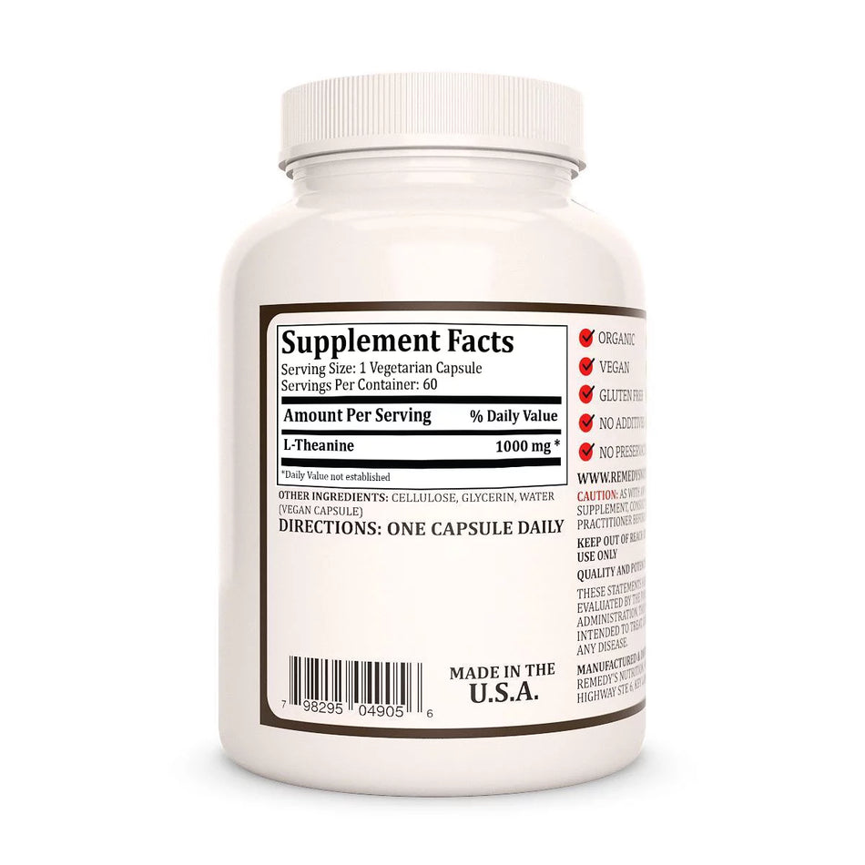 Image of Remedy's Nutrition® L-Theanine back bottle label. Supplement Facts, Ingredients and Directions. 