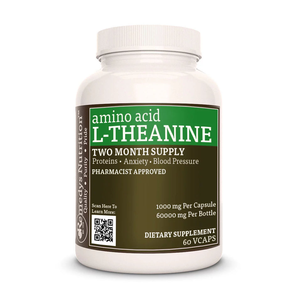 Image of Remedy's Nutrition® L-Theanine Capsules Dietary Supplement front bottle. Made in the USA.