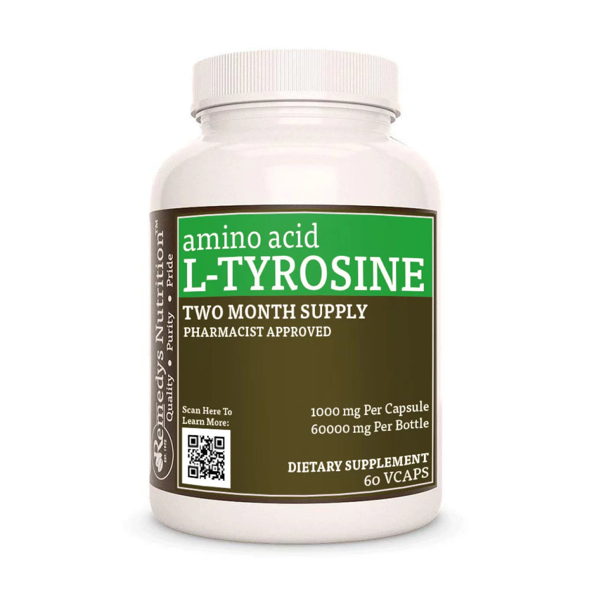 Image of Remedy's Nutrition® L-Tyrosine Capsules Dietary Supplement front bottle. Made in the USA.