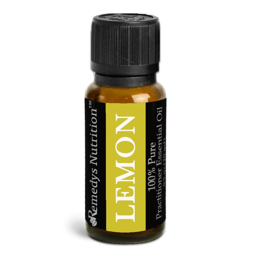 Image of Remedy's Nutrition® Lemon Essential Oil Herbal Supplement front bottle.