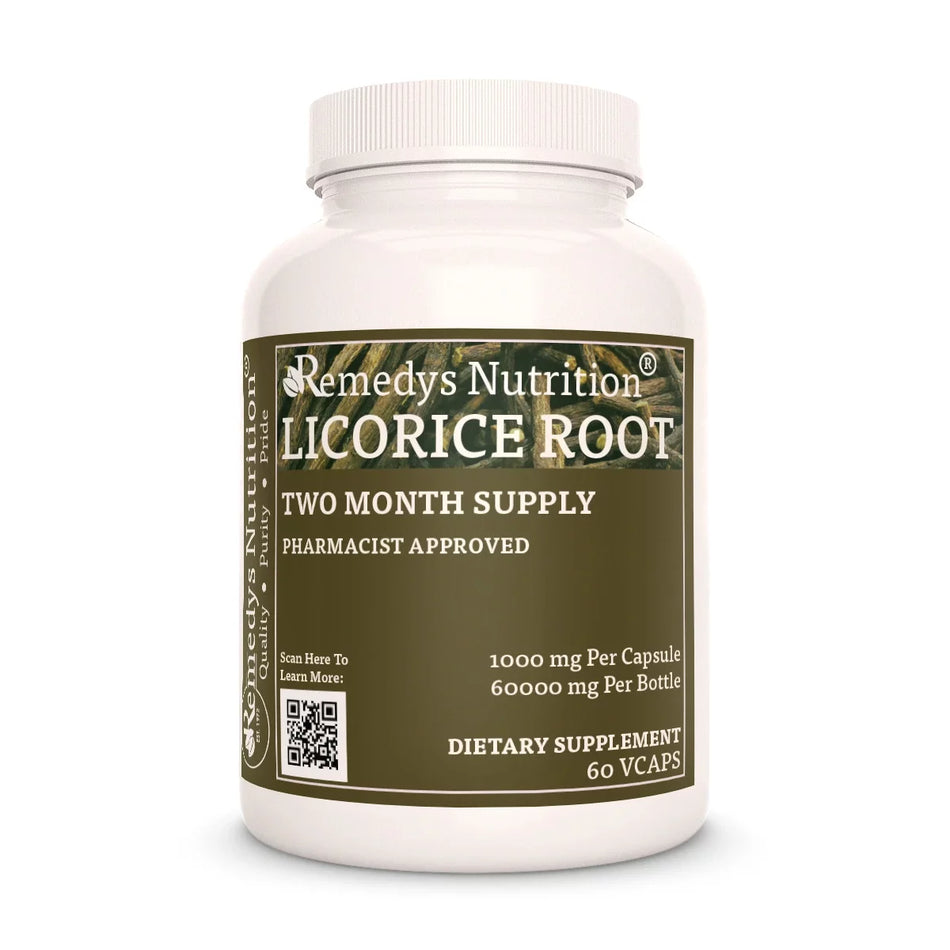 Image of Remedy's Nutrition® Licorice Root Capsules Herbal Dietary Supplement front bottle. Made in the USA.