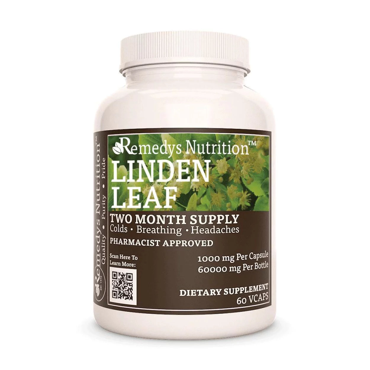 Image of Remedy's Nutrition® Linden Leaf Capsules Herbal Dietary Supplement front bottle. Made in the USA. Tilia cordata.
