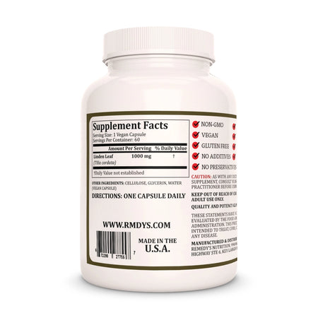 Image of Remedy's Nutrition® Linden Leaf Capsules Herbal Dietary Supplement back
 bottle. Made in the USA. Tilia cordata.