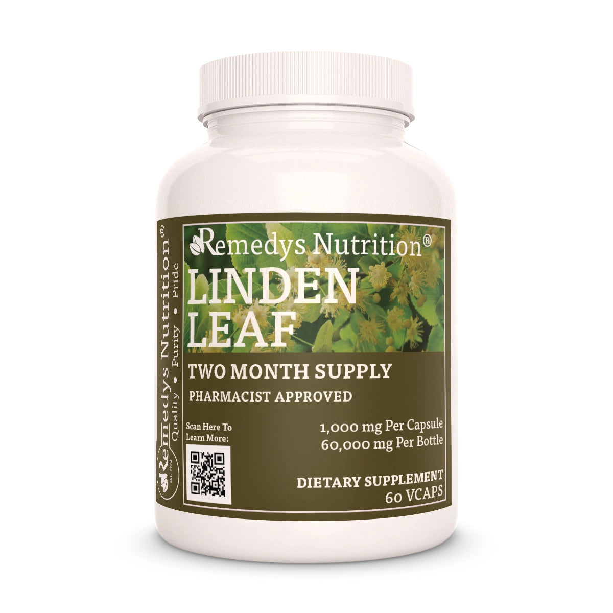 Image of Remedy's Nutrition® Linden Leaf Capsules Herbal Dietary Supplement front bottle. Made in the USA. Tilia cordata.