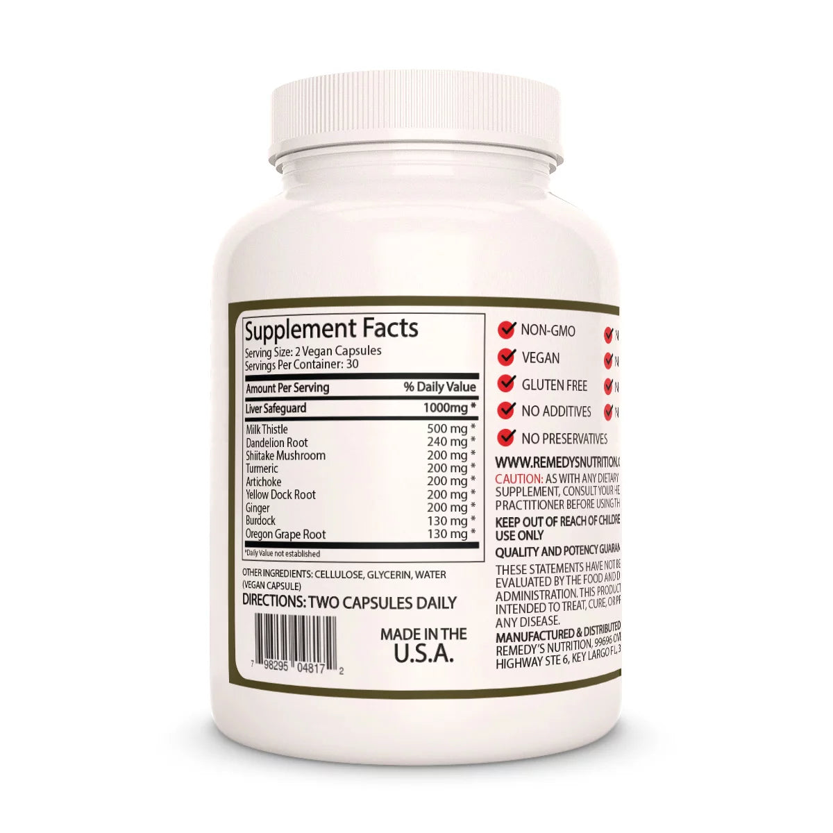 Image of Remedy's Nutrition® Liver Safeguard™ back bottle label. Supplement Facts Ingredients Milk Thistle Dandelion Shiitake