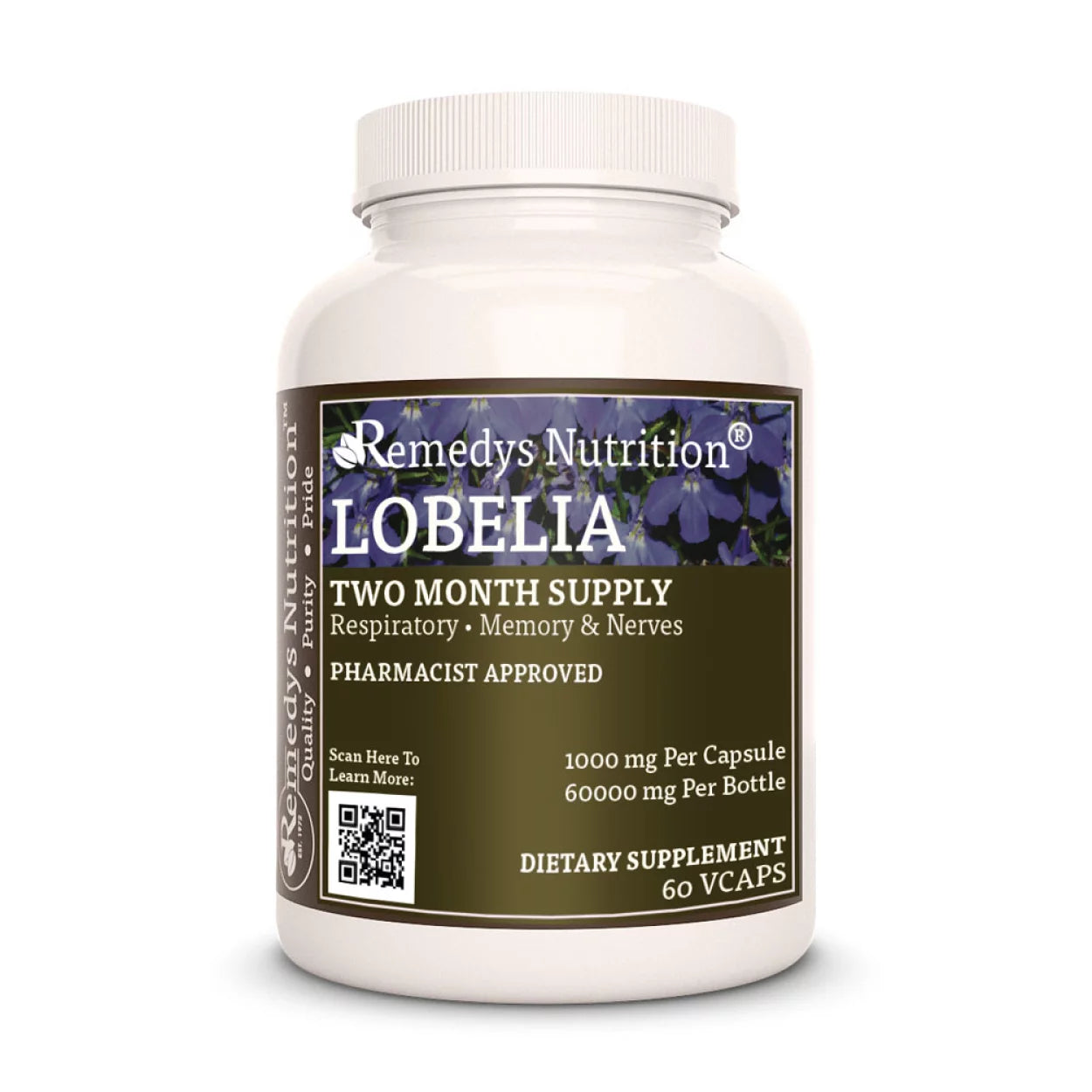 Image of Remedy's Nutrition® Lobelia Capsules Herbal Dietary Supplement front bottle. Made in the USA.