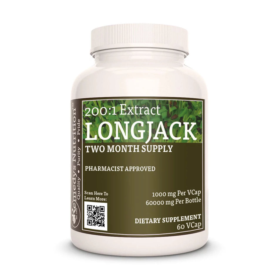 Image of Remedy's Nutrition® Longjack Extract Capsules Herbal Dietary Supplement front bottle. Made in the USA. Tongkat Ali