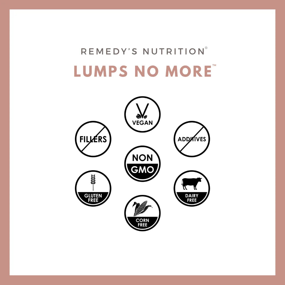An ad for Remedy's Nutrition Lumps No More with icons showing it is vegan, non-GMO, and gluten-free.