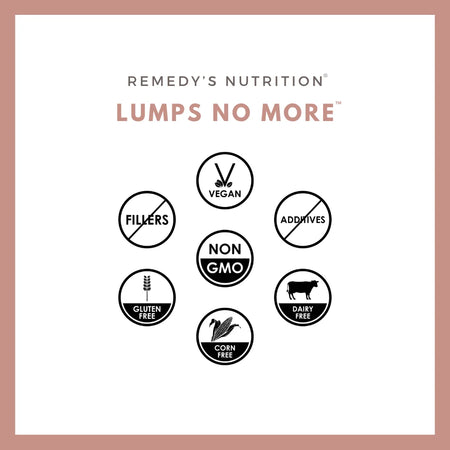 An ad for Remedy's Nutrition Lumps No More with icons showing it is vegan, non-GMO, and gluten-free.