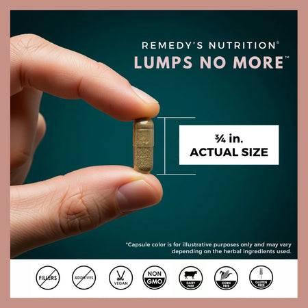 Remedy's Nutrition Lumps No More ad, featuring a hand holding a ¾ inch capsule.