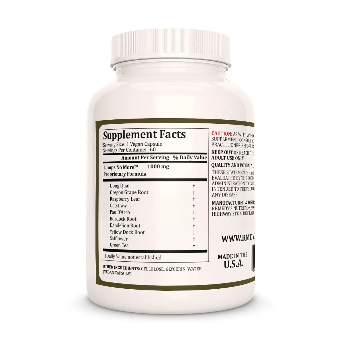 The Supplement Fact label for Remedy's Nutrition Lumps No More, showing its 1000mg vegan formula and ingredients.