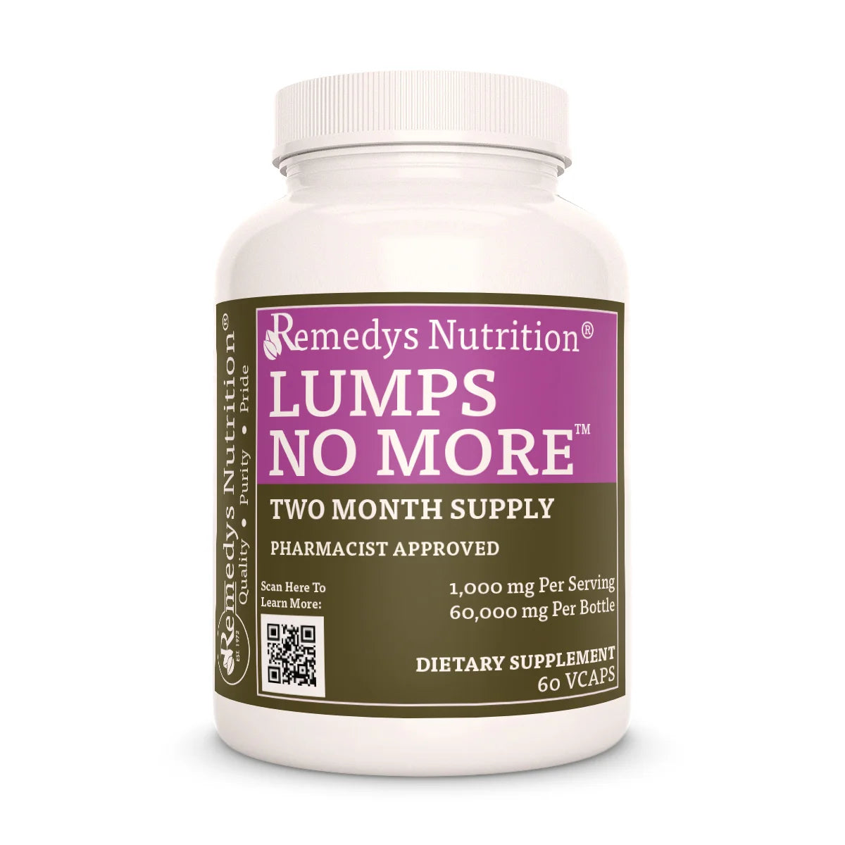 A front view of a bottle of Remedy's Nutrition Lumps No More, a dietary supplement with 60 capsules.
