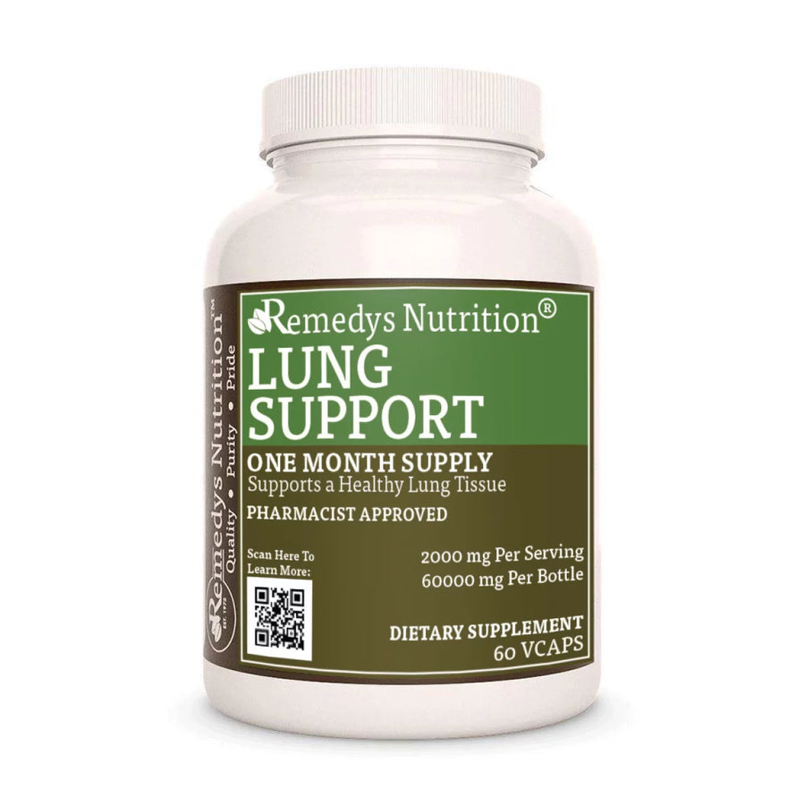 Image of Remedy's Nutrition® Lung Support™ Capsules Herbal Dietary Supplement front bottle. Made in USA. Wild Cherry, Ginger