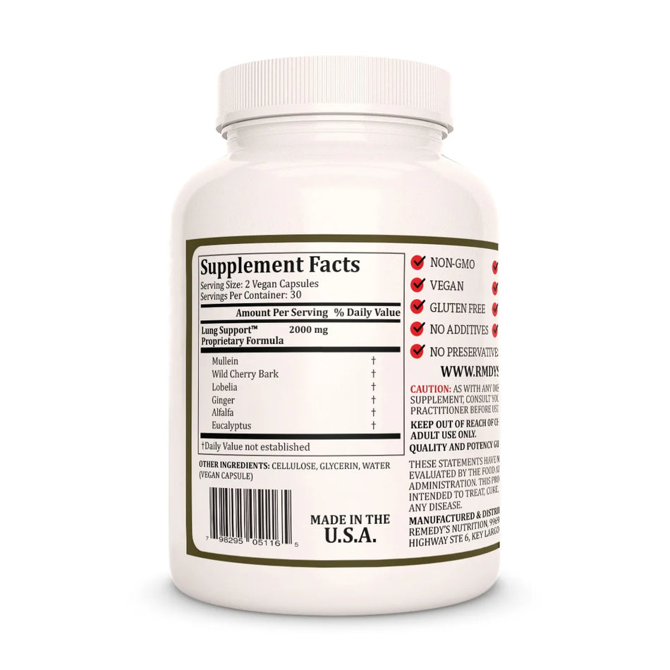 Remedy's Nutrition® Lung Support™ supplement facts label and ingredients, back label view