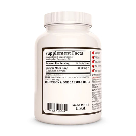 Image of Remedy's Nutrition® Maca Root back bottle label. Supplement Facts, Ingredients and Directions. Lepidium meyenii.