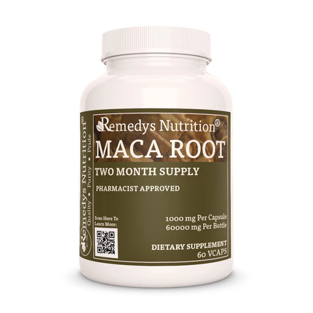 Image of Remedy's Nutrition® Maca Root Capsules Herbal Dietary Supplement front bottle. Made in the USA. Lepidium meyenii.