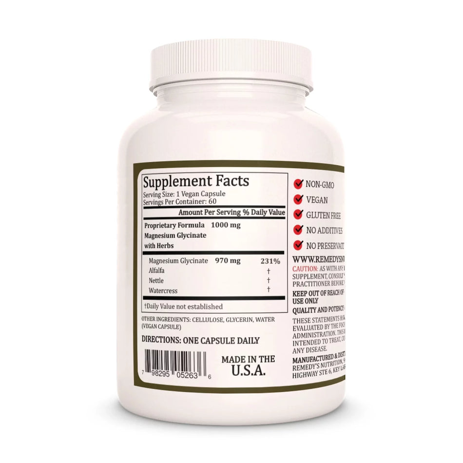 Image of Remedy's Nutrition® Magnesium Glycinate Capsules Dietary Supplement back bottle. Made in the USA. Alfalfa, Nettle, Watercress.