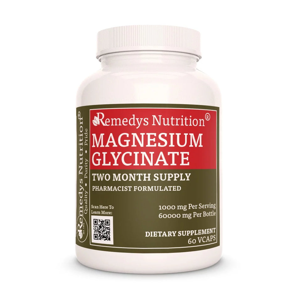 Image of Remedy's Nutrition® Magnesium Glycinate Capsules Dietary Supplement front bottle. Made in the USA.