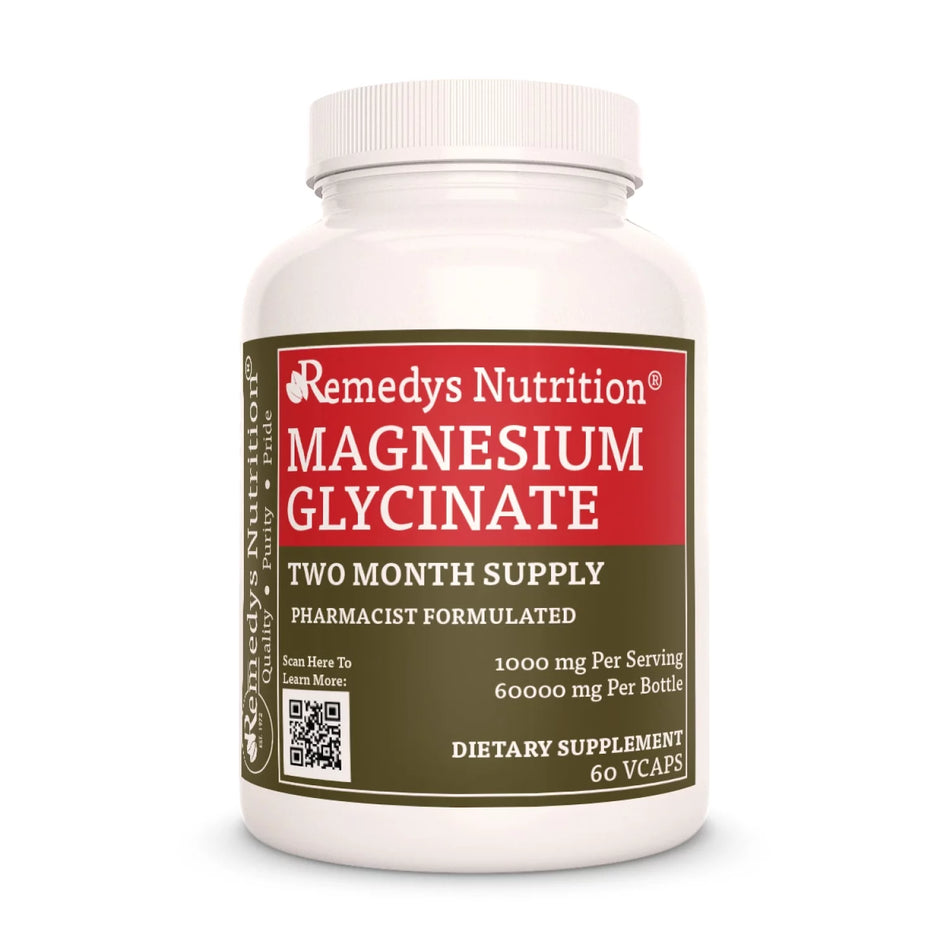 Image of Remedy's Nutrition® Magnesium Glycinate Capsules Dietary Supplement front bottle. Made in the USA. Alfalfa, Nettle, Watercress. 