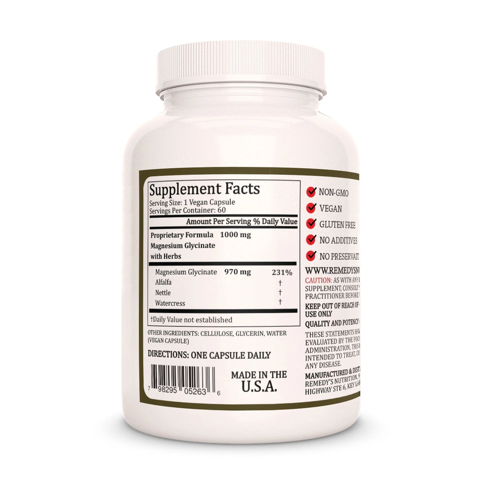 Image of Remedy's Nutrition® Magnesium Glycinate Capsules Dietary Supplement back bottle. Made in the USA.