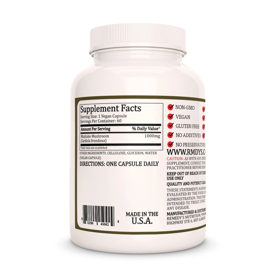 Image of Remedy's Nutrition® Maitake Mushroom Capsules Herbal Dietary Supplement back bottle. Made in the USA.