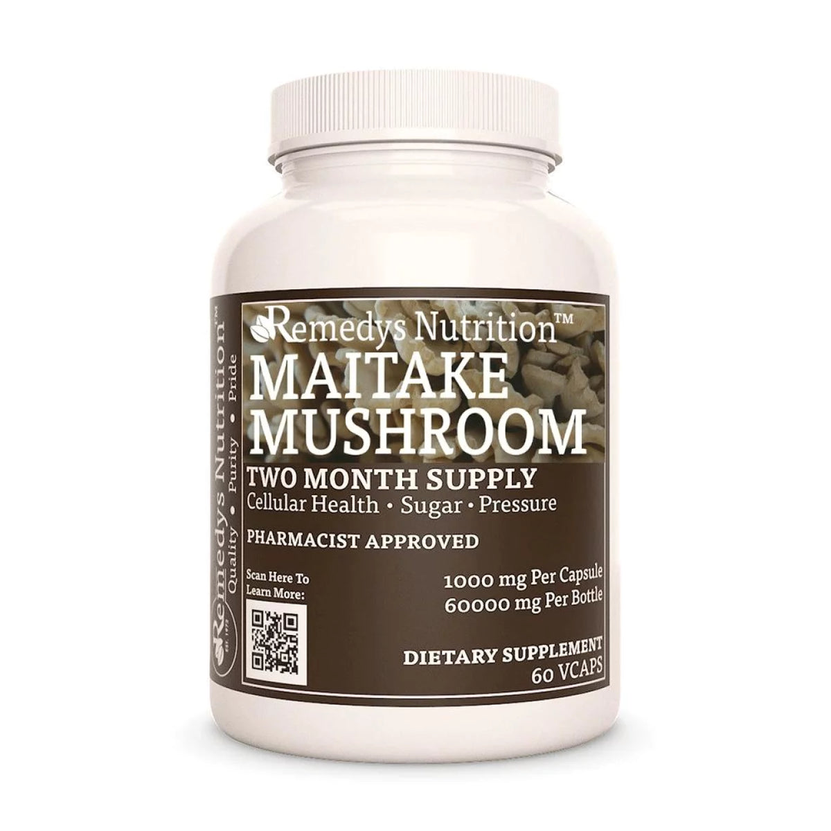 Image of Remedy's Nutrition® Maitake Mushroom Capsules Herbal Dietary Supplement front bottle. Made in the USA.