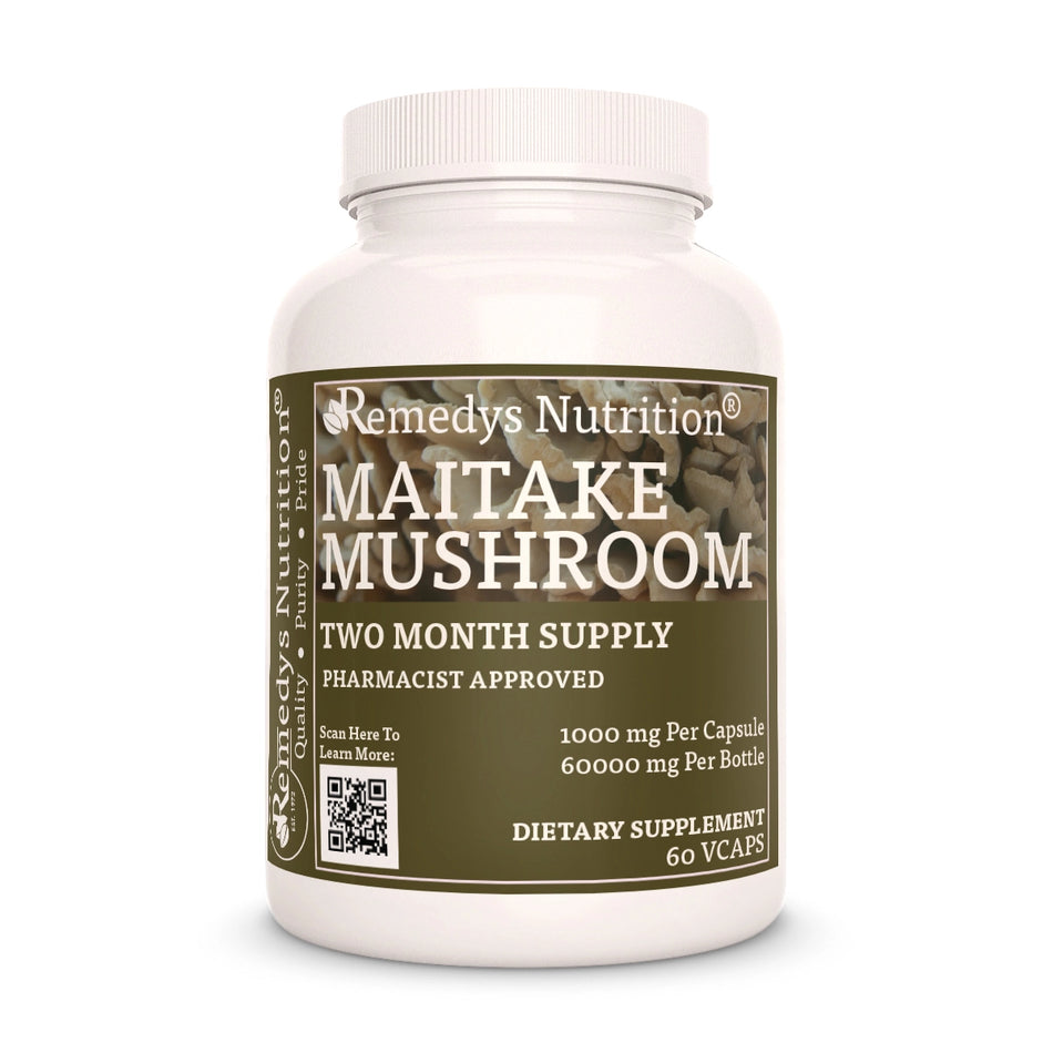 Image of Remedy's Nutrition® Maitake Mushroom Capsules Herbal Dietary Supplement front bottle. Made in the USA.