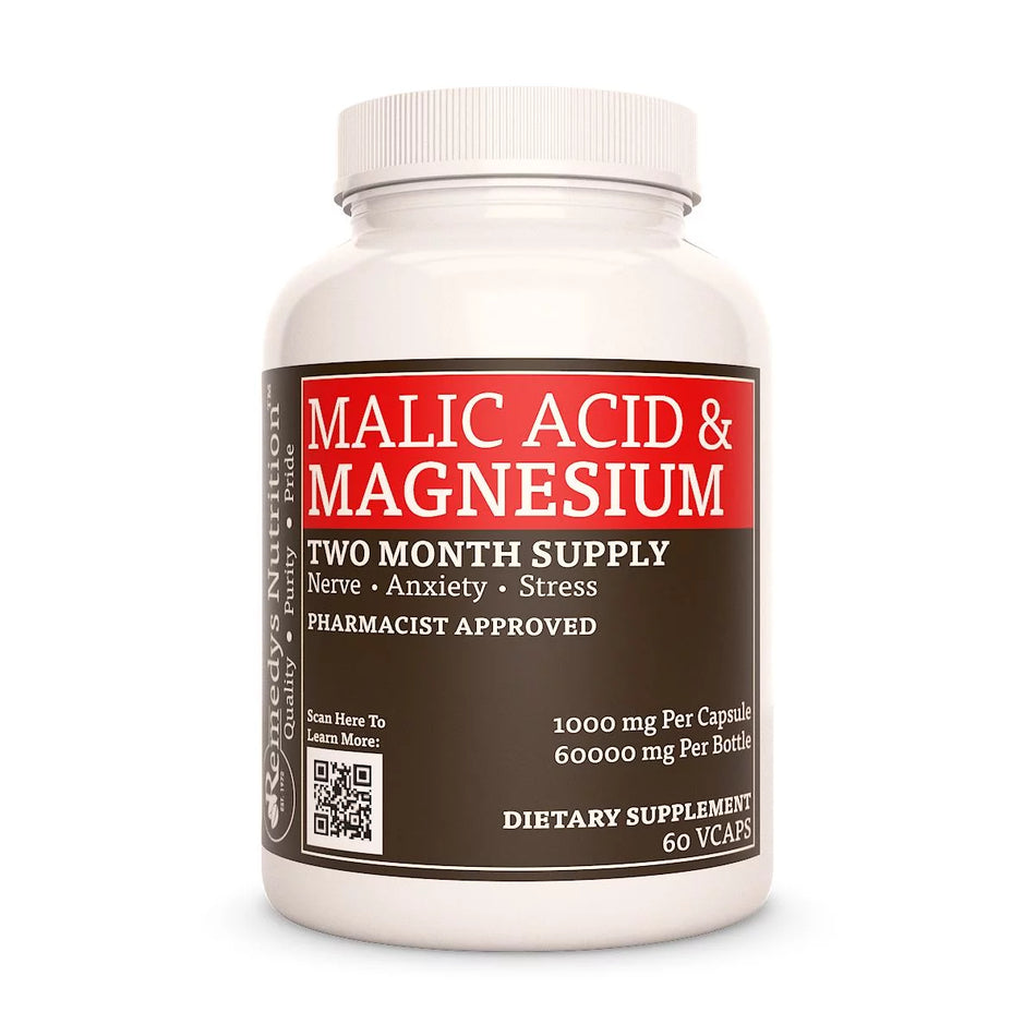 Image of Remedy's Nutrition® Malic Acid & Magnesium Capsules Dietary Supplement front bottle. Made in the USA Nettle, Alfalfa