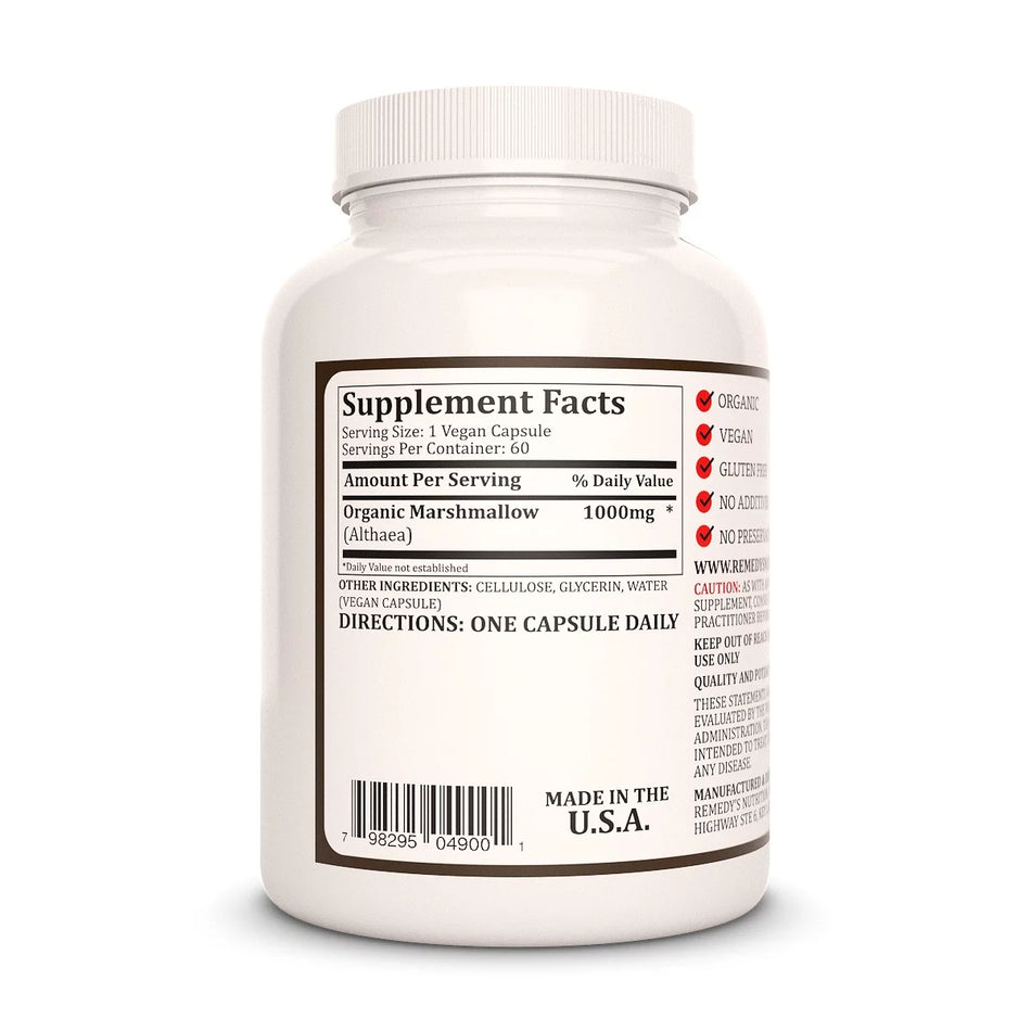 Image of Remedy's Nutrition® Marshmallow Root back bottle label. Supplement Facts, Ingredients and Directions.  Althaea.