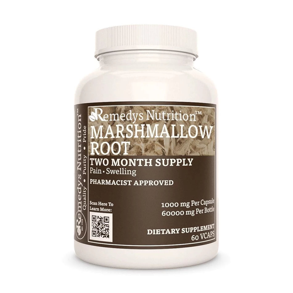 Image of Remedy's Nutrition® Marshmallow Root Capsules Dietary Supplement front bottle. Made in the USA. Althaea