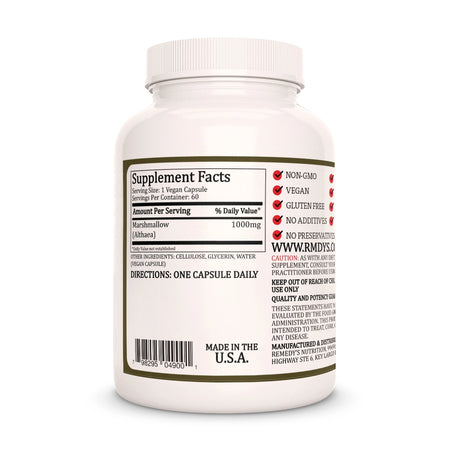 Image of Remedy's Nutrition® Marshmallow Root Capsules Dietary Supplement back bottle. Made in the USA. Althaea