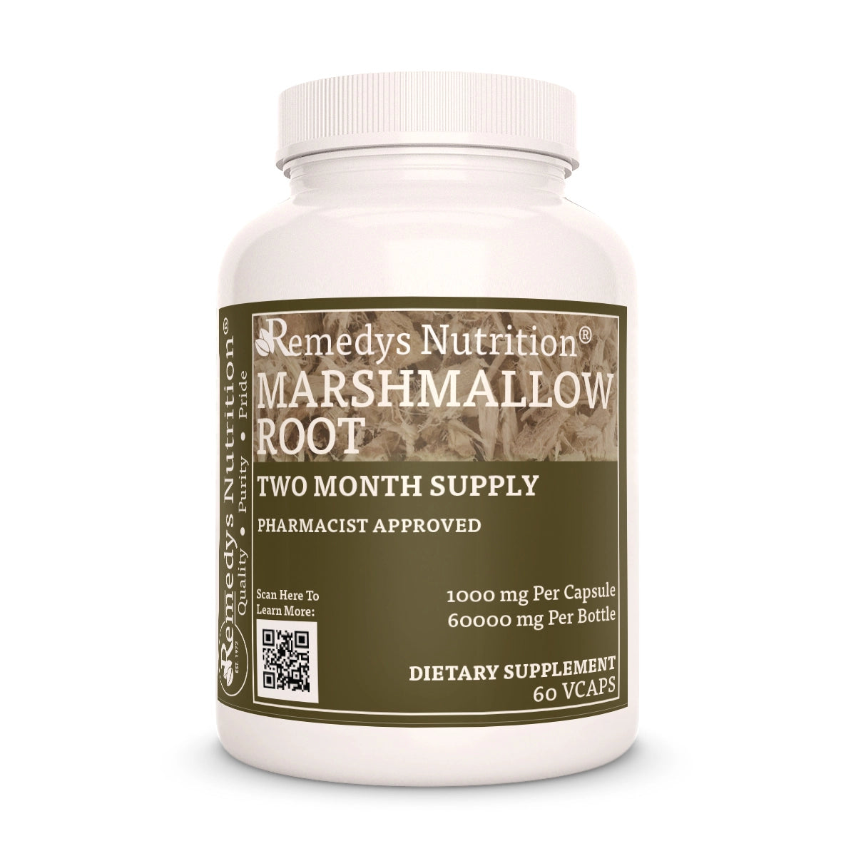 Image of Remedy's Nutrition® Marshmallow Root Capsules Dietary Supplement front bottle. Made in the USA. Althaea